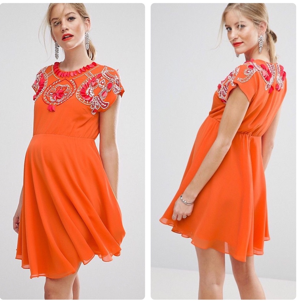 ASOS maternity orange embellished skater dress 12